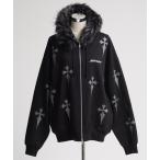 パーカー 「REFLEM/レフレム」ファー付きクロス総柄ラインストーンZIPパーカー/ジップアップパーカー レディース メンズ