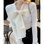 tシャツ レースタイリボンリブニットトップス レディース