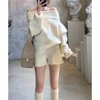 ニット セーター オフショルダー+ショートパンツリブニットセット レディース