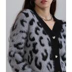 カーディガン ハートボタン ヒョウ柄 シャギーVネック ショート丈カーデ レディース
