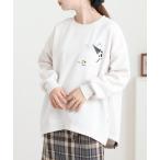tシャツ 裾ドロストプルオーバー　いたずらネコ刺繍 長袖 レディース