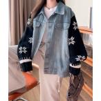 デニムジャケット gジャン 雪柄ニット×デニム切替ジャケット レディース