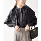 ブラウス シャツ bon_meur:「洗濯機可能」レース スカーフ付き バンドカラー ギャザー パフ シャツ レディース