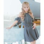 ドレス キャバドレス Aライン ミニドレス セットアップ 谷間 ジップ 上品 ハイネック ストレッチ 肩出し フリル袖 二の腕カバー フレア