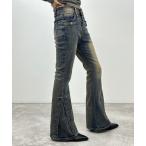 ジーンズ デニム デニムパンツ スタッズ＆サイドアイレットウォッシングフレアデニムパンツ レディース