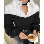 ニット セーター ドッキング オフショルダーニット シャツ レイヤード トップス レディース