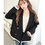 ジャケット テーラードジャケット マットゴールド釦配色フリルピンストライプWテーラージャケット レディース