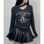 tシャツ クロスネックスタッズロゴリブトップス レディース