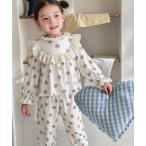 ショッピングビーチウェア パジャマ 「セットアップ/ストレッチ有/ビーチスキン仕立て/裾・袖ゴム入り」長袖ダブルフリル襟ルームウェア 上下2点セット キッズ キッズ 子供