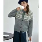 カーディガン ノルディック柄ジャカード 前ボタンふわふわニットカーディガン レディース