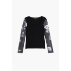 tシャツ ニュースペーパープリント チュール袖カットソー ブラック レディース