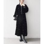 ワンピース SHIPS any:「手洗い可能」ポリエステル ベロア 刺繍 タック フレア ワンピース