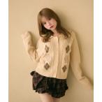 カーディガン リボン付きアーガイル柄ニット レディース