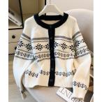 カーディガン ノルディック柄バイカラーニットカーディガン レディース