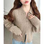 カーディガン ダブルジップえり付きざっくりニットカーディガン レディース