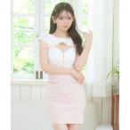 ワンピース 韓国ファッション ワンピースタイトミニドレス 谷間 ストレッチ 半袖 バストカット ジップ リボン バイカラー