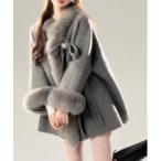 ショッピングポンチョ ポンチョ ショート丈ファー付きリボンコート レディース