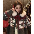 カーディガン レッグウォーマーセット クリスマスお正月おすすめ 着脱可能ファーフード ノルディック柄フーディカーデ 冬から春先まで活躍 レディース
