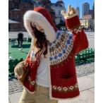 ショッピングノルディック カーディガン クリスマス お正月コーデに 着脱可能ファーフード ノルディック柄ジップカーデ レディース