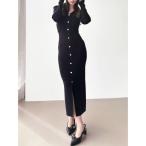 ショッピングマキシ ワンピース ゴールドボタンタイトニットワンピース