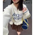 カーディガン シャギー配色ロゴフリルニットカーディガン レディース