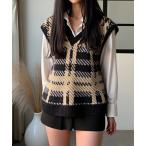 ベスト ジレ チェック柄ニットベス�