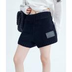 パンツ 韓国ファッション RICECAKEフェイクレザーラベル付きニットショートパンツ レディース