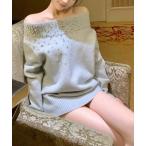 ニット セーター ビジューオフショルダーニットロングトップス レディース