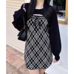ショッピングニットワンピース ワンピース デコルテオープンチェック柄切替ニットワンピース