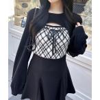 ショッピング柄 ニット セーター チェック柄デコルテオープンニット レディース