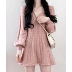 ショッピングニットワンピ ワンピース ボリュームスリーブローゲージニットフレアワンピ