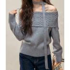 ニット セーター Chiina/「マフラー付き」ケーブル編み　オフショルダーニット レディース