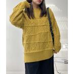 ニット セーターランダムアランなロング丈ニットプルオーバー レディース