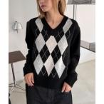 ショッピングアーガイル ニット セーター 「ウール混紡」アーガイル Vネック ニットトップス レディース