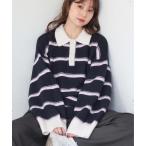 ニット セーター ボーダーポロ襟ニットプルオーバー レディース