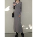 ショッピングニットワンピース ワンピース ボタンレイヤードデザインニットワンピース / グレー