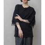 tシャツ 裏毛×チュールラッフルスリーブトップス レディース