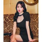 ドレス パフスリーブデコルテカットタイトミニワンピース