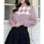 ショッピングアーガイル ニット セーター アーガイルリボンニット レディース