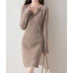 ワンピース キーネック タイトリブニットワンピース