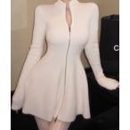 ワンピース フレアジップアップニットワンピース