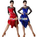 ショッピングコンクール 社交ダンス ダンスドレス ワンピース ラテンダンス衣装 レディース 練習用 コンクール用 レッド サファイア色 ステージ衣装