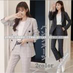 パンツスーツ レディースセットアップ カジュアル 上品 チェック柄 韓国風 30代40代 事務服 細身シルエット 制服 OL 入学式 卒業式 通勤 卒園式 卒業式 就職活動