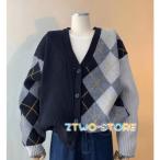 ニットカーディガン ショート丈 秋冬 レディース アーガイル柄 アシンメトリー トップス 長袖 カジュアル 大きいサイズ 韓国 ファッション 羽織り