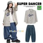 シャツ キッズダンス衣装 ヒップホップ ファッション ダンス衣装 キッズ セットアップ ストライプシャツ デニム 男の子 ガールズ 派手 K-POP 韓国