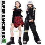 キッズダンス衣装 セットアップ ガールズ ヒップホップ 派手 カットアウトトップス レザー調パンツ チェックスカート ダンス衣装 キッズ K-POP 韓国 赤 黒