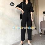 オールインワン レディース ジャンプスーツ 袖あり 半袖 パンツ ハイウエスト Vネック ウエストリボン 無地 シンプル ゆったり 体型カバー サロペットパンツ