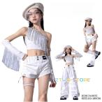 ショッピングスパンコール キッズダンス 女の子 スパンコール 4点セット 白 シルバー タンクトップ 短パン ロングパンツ 袖カバー レッグウォーマー 演出服 セットアップ へそ出し 女の子