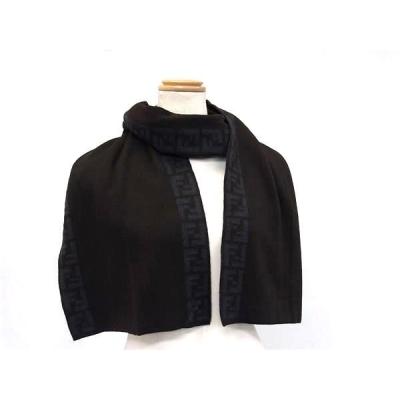 FENDI フェンディ マフラー ズッカ ダークブラウン ネイビー ウール100％ メンズ 美品【本物保証】 フェンディ FENDI ズッカ柄 ペカン マフラー フリンジ ストール 防寒具
