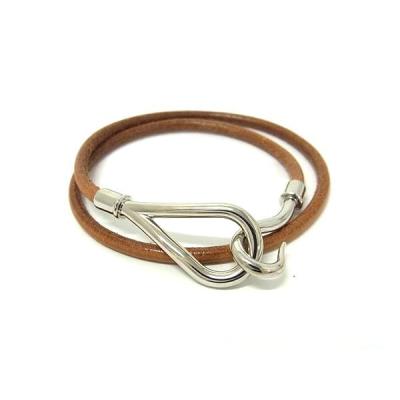 エルメス バングル ジャンボ 2連 シルバー×ブラウン ブレスレット チョーカー HERMES（エルメス） ブレスレット チョーカー ジャンボ レザー - 2連